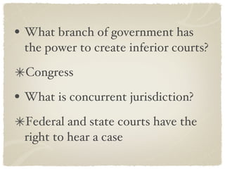 What branch of government has the power to create inferior courts? Congress What is concurrent jurisdiction? Federal and state courts have the right to hear a case 