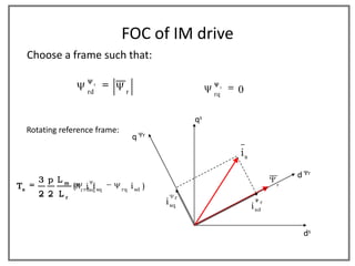 FOC of IM drive
     Choose a frame such that:

                            r
                       rd         r                        rq
                                                                r
                                                                    0

                                                      qs
     Rotating reference frame:             r
                                      q
                                                                    is

                                                                                    d    r
        3 p Lm
Te               (     i ir
                     r rdsq sq   rq
                                      i sd )                                    r

        2 2 Lr                                    r
                                               i sq                         r
                                                                         i sd


                                                                                        ds
 