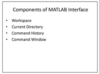 Components of MATLAB Interface
•   Workspace
•   Current Directory
•   Command History
•   Command Window
 