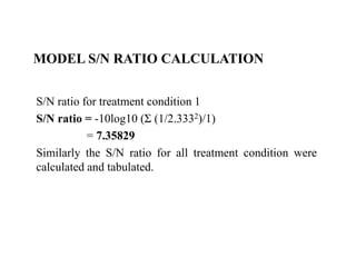 MODEL S/N RATIO CALCULATION
S/N ratio for treatment condition 1
S/N ratio = -10log10 (Σ (1/2.3332)/1)
= 7.35829
Similarly the S/N ratio for all treatment condition were
calculated and tabulated.
 