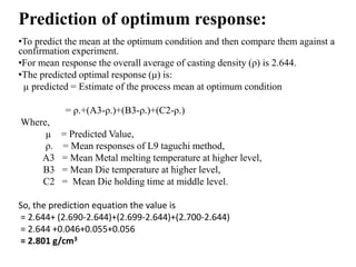 Prediction of optimum response:
•To predict the mean at the optimum condition and then compare them against a
confirmation experiment.
•For mean response the overall average of casting density (ρ) is 2.644.
•The predicted optimal response (μ) is:
µ predicted = Estimate of the process mean at optimum condition
= ρ.+(A3-ρ.)+(B3-ρ.)+(C2-ρ.)
Where,
µ = Predicted Value,
ρ. = Mean responses of L9 taguchi method,
A3 = Mean Metal melting temperature at higher level,
B3 = Mean Die temperature at higher level,
C2 = Mean Die holding time at middle level.
So, the prediction equation the value is
= 2.644+ (2.690-2.644)+(2.699-2.644)+(2.700-2.644)
= 2.644 +0.046+0.055+0.056
= 2.801 g/cm3
 