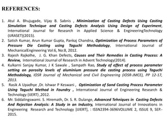 REFERENCES:
1. Atul A. Bhujugade, Vijay B. Sabnis , Minimization of Casting Defects Using Casting
Simulation Technique and Casting Defects Analysis Using Design of Experiment,
International Journal for Research in Applied Science & EngineeringTechnology
(IJRASET)(2015).
2. Satish Kumar, Arun Kumar Gupta, Pankaj Chandna, Optimization of Process Parameters of
Pressure Die Casting using Taguchi Methodology, International Journal of
MechanicalEngineering Vol:6, No:8, 2012.
3. Rajesh Rajkolhe, J. G. Khan Defects, Causes and Their Remedies in Casting Process: A
Review, International Journal of Research in Advent Technology(2014).
4. Kulkarni Sanjay Kumar, J K Sawale , Sampath Rao, Study of effect of process parameter
setting on porosity levels of aluminium pressure die casting process using Taguchi
Methodology, IOSR Journal of Mechanical and Civil Engineering (IOSR-JMCE), PP 12-17,
2013.
5. Rasik A Upadhye ,Dr. Ishwar P Keswani , Optimization of Sand Casting Process Parameter
Using Taguchi Method in Foundry , International Journal of Engineering Research &
Technology (IJERT) ,2012.
6. Mr. Siddalingswami. S. Hiremath, Dr. S. R. Dulange, Advanced Tehniques in Casting Defects
And Rejection Analysis: A Study in an Industry, International Journal of Innovations in
Engineering Research and Technology [IJIERT], : ISSN2394-3696VOLUME 2, ISSUE 9, SEP.-
2015.
 