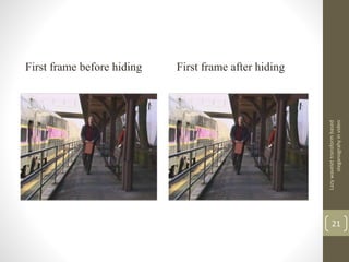 First frame before hiding First frame after hiding
Lazywavelettransformbased
steganograhyinvideo
21
 