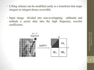 • Lifting scheme can be modified easily to a transform that maps
integers to integers-hence reversible
• Input image divided into non-overlapping subbands and
embeds a secret data into the high frequency wavelet
coefficients.
Lazywavelettransformbased
steganograhyinvideo
8
 