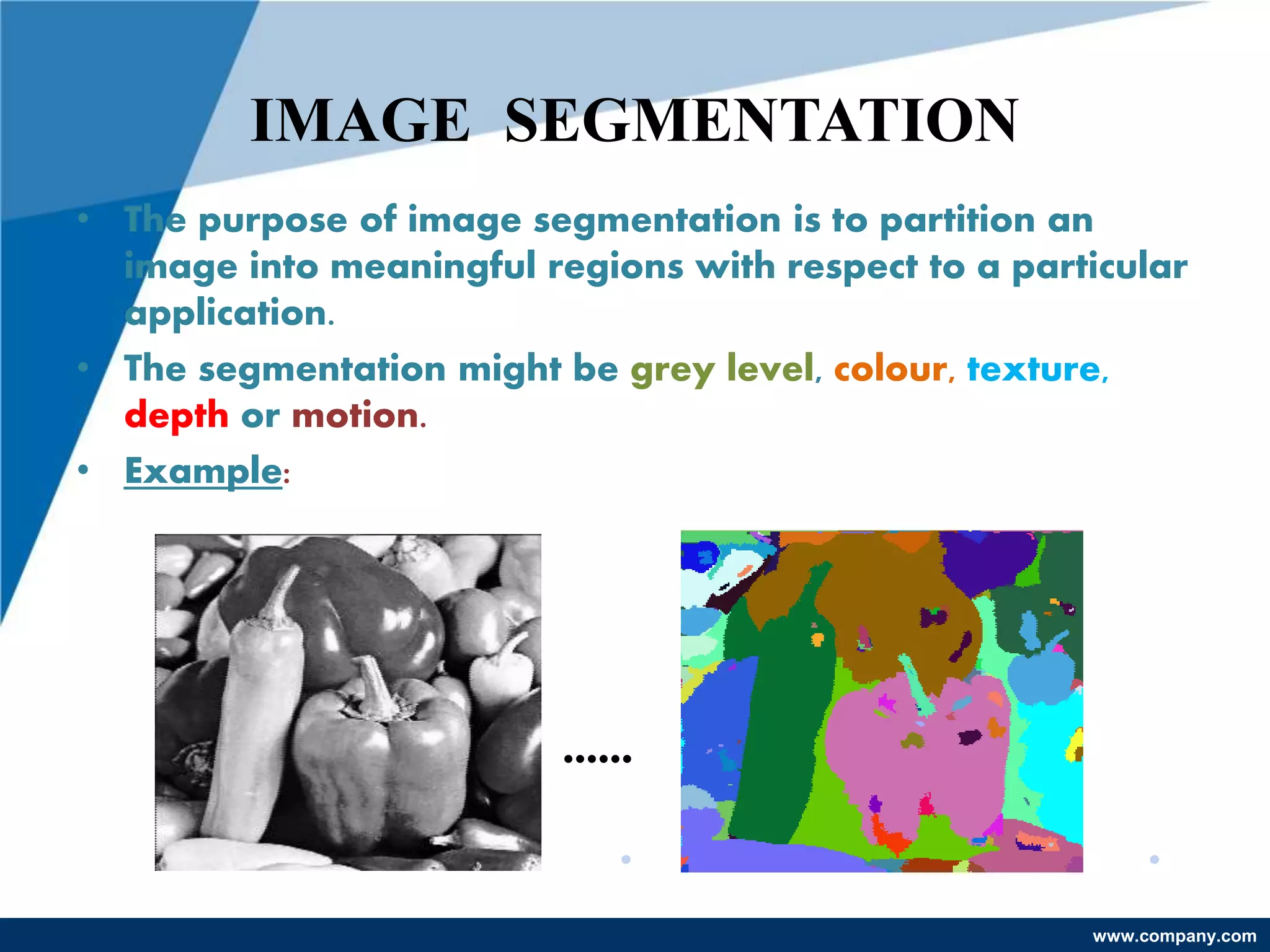 www.company.com
IMAGE SEGMENTATION
• The purpose of image segmentation is to partition an
image into meaningful regions with respect to a particular
application.
• The segmentation might be grey level, colour, texture,
depth or motion.
• Example:
……
 