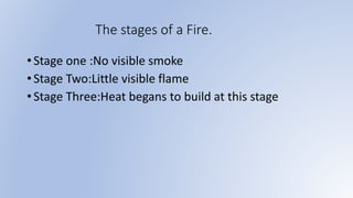 The stages of a Fire.
• Stage one :No visible smoke
• Stage Two:Little visible flame
• Stage Three:Heat begans to build at this stage
 