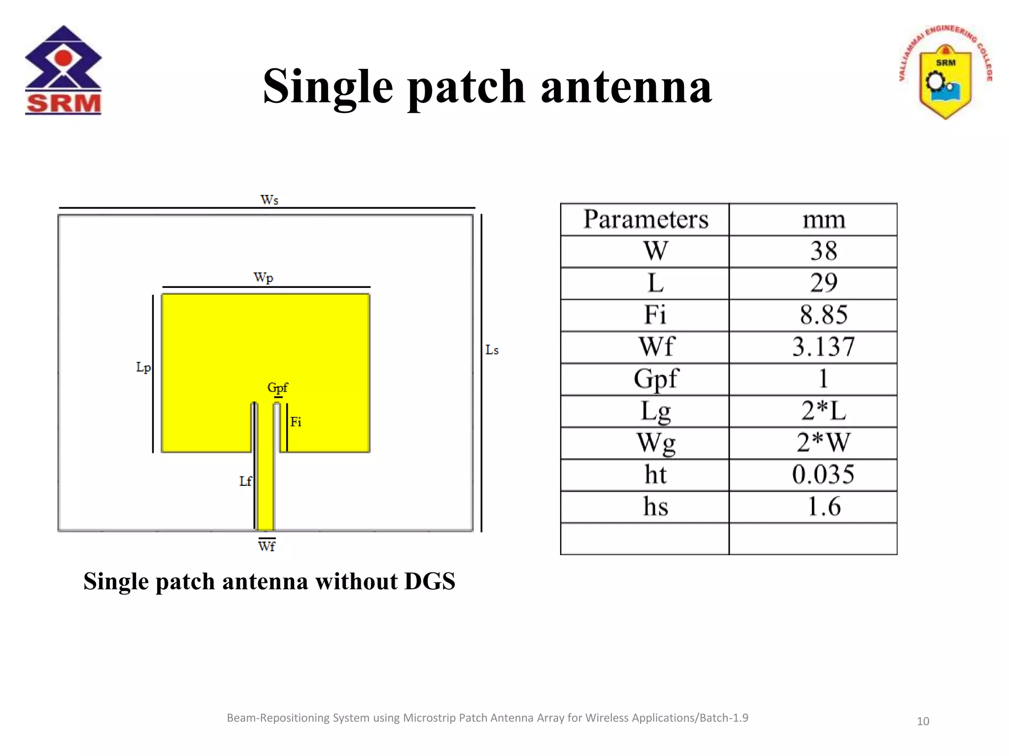 Single patch antenna
Beam-Repositioning System using Microstrip Patch Antenna Array for Wireless Applications/Batch-1.9 10
Single patch antenna without DGS
 