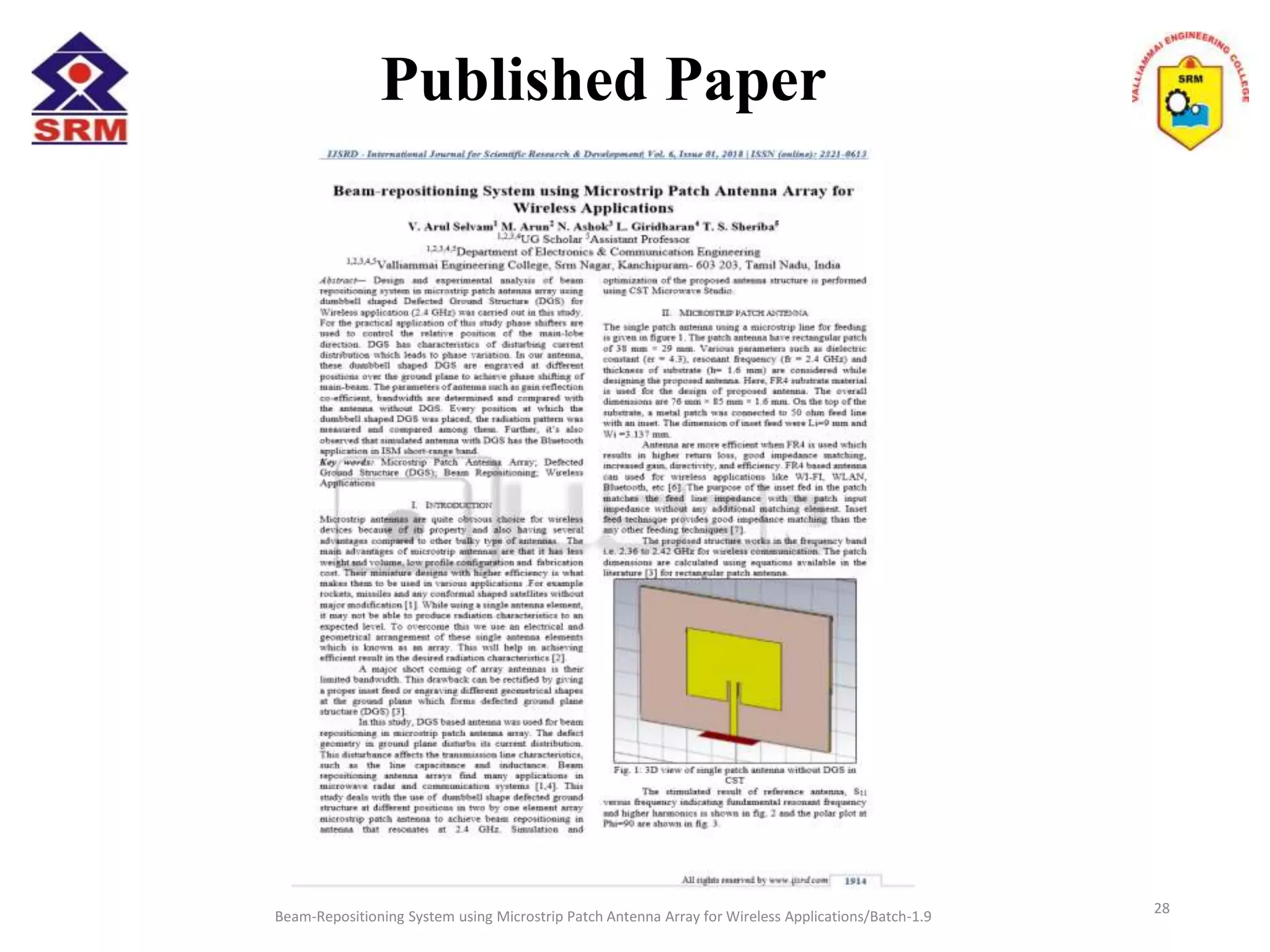 Published Paper
Beam-Repositioning System using Microstrip Patch Antenna Array for Wireless Applications/Batch-1.9
28
 