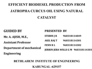 EFFICIENT BIODIESEL PRODUCTION FROM
JATROPHA CURCUS OIL USING NATURAL
CATALYST
GUIDED BY
Mr. A. AJISH, M.E.,
Assistant Professor
Department of mechanical
Engineering
PRESENTED BY
STEBIN J R 960318114049
AKIL RAJ T 960318114301
FENN R L 960318114302
JERRIN JEBA WILLS G M 960318114303
BETHLAHEM INSTITUTE OF ENGINEERING
KARUNGAL -629157
 