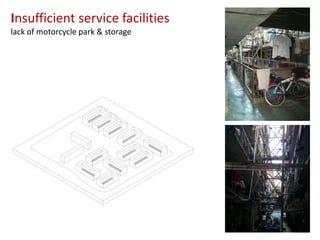 Insufficient service facilities
lack of motorcycle park & storage

 