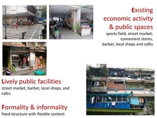 Existing
economic activity
& public spaces
sports field, street market,
convenient stores,
barber, local shops and cafés

Lively public facilities
street market, barber, local shops, and
cafes

Formality & informality
fixed structure with flexible content

 