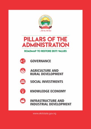 www.ekitistate.gov.ng
INFRASTRUCTURE AND
INDUSTRIAL DEVELOPMENT
SOCIAL INVESTMENTS
KNOWLEDGE ECONOMY
AGRICULTURE AND
RURAL DEVELOPMENT
GOVERNANCE
 