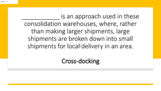 ___________ is an approach used in these
consolidation warehouses, where, rather
than making larger shipments, large
shipments are broken down into small
shipments for local delivery in an area.
Cross-docking
 