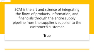 SCM is the art and science of integrating
the flows of products, information, and
financials through the entire supply
pipeline from the supplier’s supplier to the
customer’s customer
True
 