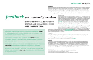 theorizing principle
                                                                                                                                                          rebecca knowe

                                                            statement
                                                            By incorporating the principle of feedback into user-friendly systems, designers can promote a culture of
                                                            ownership and belonging within the groups the systems serve. If users feel a sense of belonging when
                                                            interacting with others in a system, they will continue to engage with it. The process of continually
                                                            gathering and incorporating their feedback can lead the system to evolve into what users most want
                                                            and need it to be. Feedback also strengthens the relationship between designers and users of a system,
                                                            promoting dialogue and allowing both parties to share with each other more freely.




 feedback
                                                                                     description


                                    community members
                                                                                     Rather than designers of a system making decisions as to what users need and
                             from                                                    want based on their personal assumptions and preferences, by structuring the
                                                                                     system to garner feedback from actual users, the designers can make changes
                                                                                     users will more likely respond positively to. When feedback is incorporated
                                                                                     into a system as part of its inherent structure, this can assure the system's
                             should be integral to designed                          longevity. Those who use the system will know best what they need from
                                                                                     it, so users are key sources for important knowledge of how the system can
                             systems and research processes                          function better. Designers should incorporate systemic processes that both
                                                                                     solicit feedback and respond to feedback. Structures for gathering and using
                             used to create them                                     community member feedback must be incorporated into both the research
                                                                                     process and into the designed system. Structure will be needed to most
                                                                                     efficiently get feedback from its source to the influencers who can change the
                                                            system, while an openness and free-flowing culture of dialogue will also be needed to ensure honest
                                                            and accurate feedback. The cultivation of a shared language will enable designers and users to converse
platforms for sharing should continually be more usable     freely about needed changes to a system.
by the communities they serve, adapting to the ways the     rationale
community changes over time.                                Design of a platform should continually be more usable by the community it serves, adapting to the
                                                            ways the community changes over time.
                                                            Users will have greater trust in the designers behind a system
community members will have greater trust in the            Closer relationship between designers and user population (dialogue)
designers behind a system when their feedback is valued
                                                            example
and incorporated.                                           If members of an interdisciplinary team wanted to archive new aspects of their meetings within a
                                                            collaborative system, it would be important for the system's designer to understand their feedback.
systems for feedback promote closer relationships through   This feedback would need to come throughout the entire lifetime of the system—from conception
                                                            to implementation to modification during use. A system for feedback could enable a dialogue that
dialogue between designers and community members.           promotes needed changes at each point in the lifetime of the system. Continually updating the system
                                                            to meet users' needs will increase its relevancy to their lives and ensure its use.
incorporating feedback into the research and design of a    implications
system will promote a culture of ownership and belonging    Users will need to be willing to engage with the feedback affordances
                                                            Users will need to feel that their feedback is valued.
in the community.                                           Users will expect their feedback to be valuable to the operation of a system
 