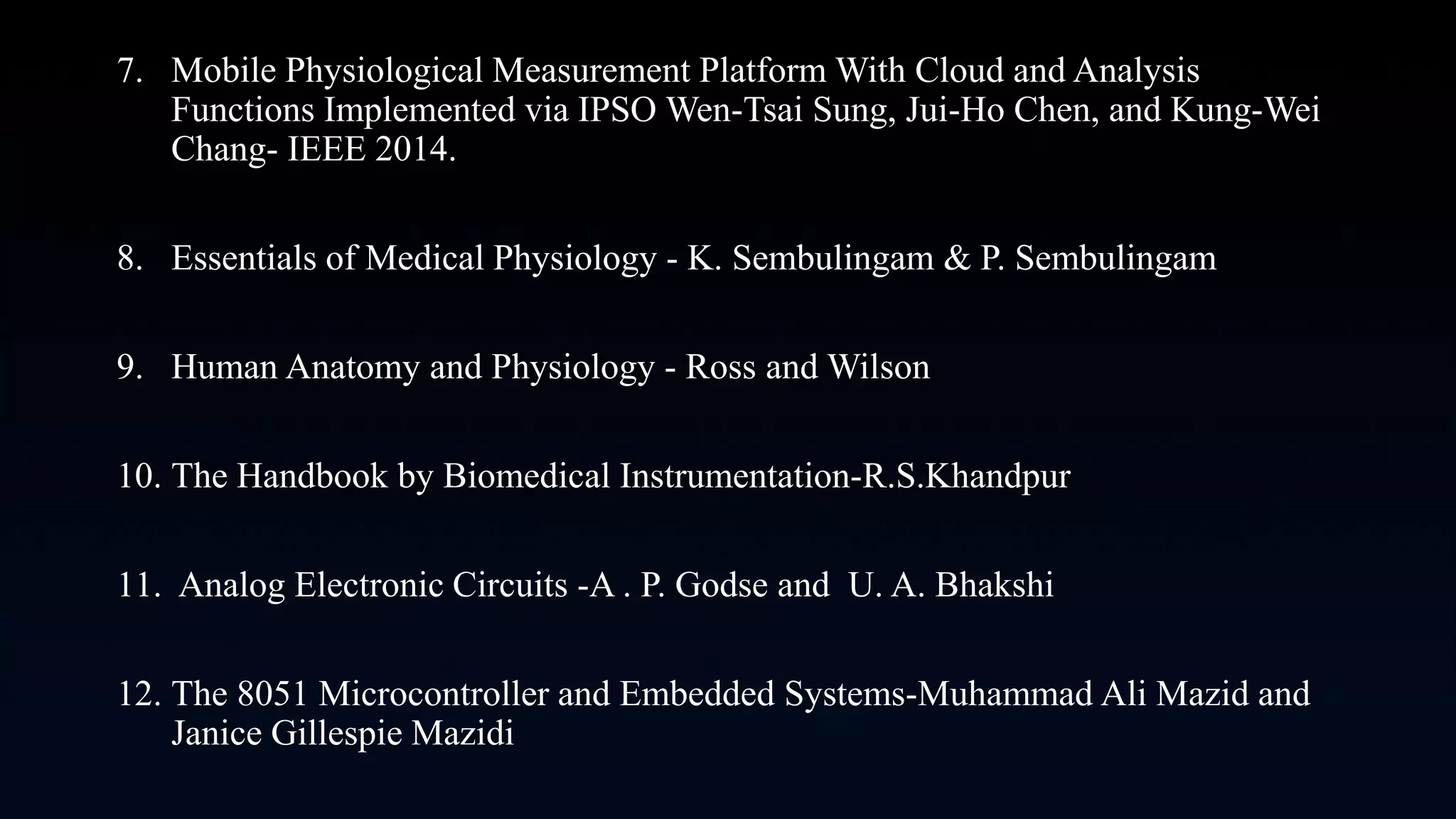 7. Mobile Physiological Measurement Platform With Cloud and Analysis
Functions Implemented via IPSO Wen-Tsai Sung, Jui-Ho Chen, and Kung-Wei
Chang- IEEE 2014.
8. Essentials of Medical Physiology - K. Sembulingam & P. Sembulingam
9. Human Anatomy and Physiology - Ross and Wilson
10. The Handbook by Biomedical Instrumentation-R.S.Khandpur
11. Analog Electronic Circuits -A . P. Godse and U. A. Bhakshi
12. The 8051 Microcontroller and Embedded Systems-Muhammad Ali Mazid and
Janice Gillespie Mazidi
 