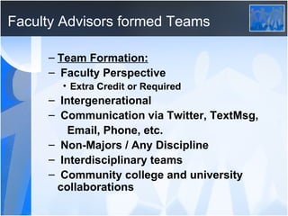 Faculty Advisors formed Teams Team Formation: Faculty Perspective Extra Credit or Required Intergenerational Communication via Twitter, TextMsg, Email, Phone, etc. Non-Majors / Any Discipline Interdisciplinary teams Community college and university collaborations 