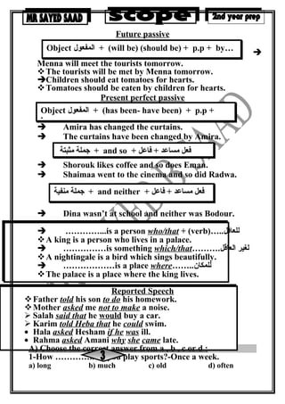 Future passive

Menna will meet the tourists tomorrow.
The tourists will be met by Menna tomorrow.
Children should eat tomatoes for hearts.
Tomatoes should be eaten by children for hearts.
Present perfect passive
 Amira has changed the curtains.
 The curtains have been changed by Amira.
 Shorouk likes coffee and so does Eman.
 Shaimaa went to the cinema and so did Radwa.
 Dina wasn’t at school and neither was Bodour.
 …………...is a person who/that + (verb)…..‫للعاقل‬
A king is a person who lives in a palace.
 ……………is something which/that……….‫العاقل‬ ‫لغير‬
A nightingale is a bird which sings beautifully.
 ………………is a place where……..‫للمكان‬
The palace is a place where the king lives.
Reported Speech
Father told his son to do his homework.
Mother asked me not to make a noise.
 Salah said that he would buy a car.
 Karim told Heba that he could swim.
• Hala asked Hesham if he was ill.
• Rahma asked Amani why she came late.
A) Choose the correct answer from a , b , c or d :
1-How ………….. do you play sports?-Once a week.
a) long b) much c) old d) often
Object ‫المفعول‬ + (will be) (should be) + p.p + by…
Object ‫المفعول‬ + (has been- have been) + p.p +
by…
‫مثبتة‬ ‫جملة‬ + and so + + ‫مساعد‬ ‫فعل‬‫فاعل‬
‫منفية‬ ‫جملة‬ + and neither + + ‫مساعد‬ ‫فعل‬‫فاعل‬
 