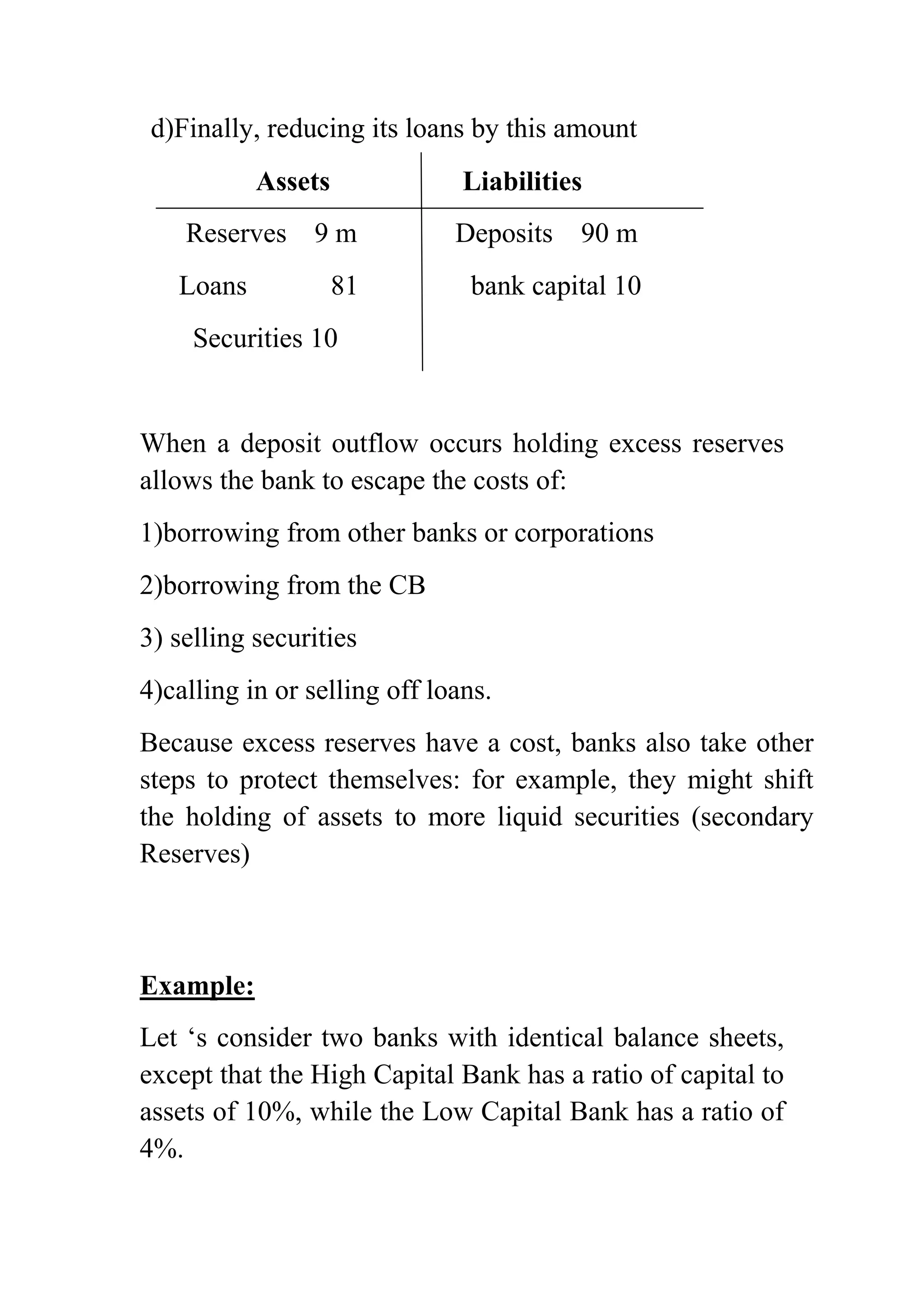 d)Finally, reducing its loans by this amount
Assets

Liabilities

Reserves 9 m
Loans

81

Deposits

90 m

bank capital 10

Securities 10

When a deposit outflow occurs holding excess reserves
allows the bank to escape the costs of:
1)borrowing from other banks or corporations
2)borrowing from the CB
3) selling securities
4)calling in or selling off loans.
Because excess reserves have a cost, banks also take other
steps to protect themselves: for example, they might shift
the holding of assets to more liquid securities (secondary
Reserves)

Example:
Let ‘s consider two banks with identical balance sheets,
except that the High Capital Bank has a ratio of capital to
assets of 10%, while the Low Capital Bank has a ratio of
4%.

 