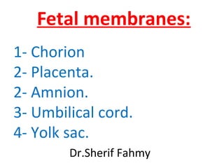 Fetal membranes:
1- Chorion
2- Placenta.
2- Amnion.
3- Umbilical cord.
4- Yolk sac.
Dr.Sherif Fahmy
 