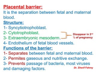 Placental barrier:
It is the separation between fetal and maternal
blood.
Structure:
1- Syncytiotrophoblast.
2- Cytotrophoblast.
3- Extraembryonic mesoderm.
4- Endothelium of fetal blood vessels.
Functions of the barrier:
1- Separates between fetal and maternal blood.
2- Permites gaseous and nutritive exchange.
3- Prevents passage of bacteria, most viruses
and damaging factors.
Disappear in 2nd
½ of pregnancy
Dr. Sherif Fahmy
 
