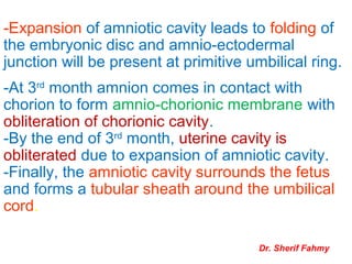 -At 3rd
month amnion comes in contact with
chorion to form amnio-chorionic membrane with
obliteration of chorionic cavity.
-By the end of 3rd
month, uterine cavity is
obliterated due to expansion of amniotic cavity.
-Finally, the amniotic cavity surrounds the fetus
and forms a tubular sheath around the umbilical
cord.
-Expansion of amniotic cavity leads to folding of
the embryonic disc and amnio-ectodermal
junction will be present at primitive umbilical ring.
Dr. Sherif Fahmy
 