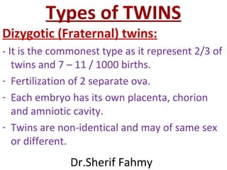 Types of TWINS
Dizygotic (Fraternal) twins:
- It is the commonest type as it represent 2/3 of
twins and 7 – 11 / 1000 births.
- Fertilization of 2 separate ova.
- Each embryo has its own placenta, chorion
and amniotic cavity.
- Twins are non-identical and may of same sex
or different.
Dr.Sherif Fahmy
 