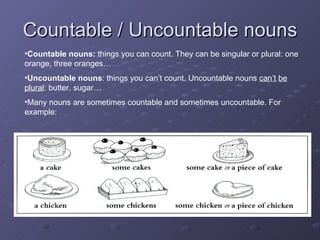 Countable / Uncountable nouns Countable nouns:  things you can count. They can be singular or plural: one orange, three oranges… Uncountable nouns : things you can’t count. Uncountable nouns  can’t   be plural : butter, sugar… Many nouns are sometimes countable and sometimes uncountable. For example:  