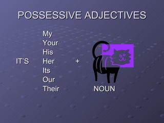 POSSESSIVE ADJECTIVES My Your His IT’S Her + Its Our Their   NOUN 