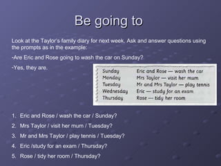 Be going to  Look at the Taylor’s family diary for next week. Ask and answer questions using the prompts as in the example: Are Eric and Rose going to wash the car on Sunday? Yes, they are. Eric and Rose / wash the car / Sunday? Mrs Taylor / visit her mum / Tuesday? Mr and Mrs Taylor / play tennis / Tuesday? Eric /study for an exam / Thursday? Rose / tidy her room / Thursday? 