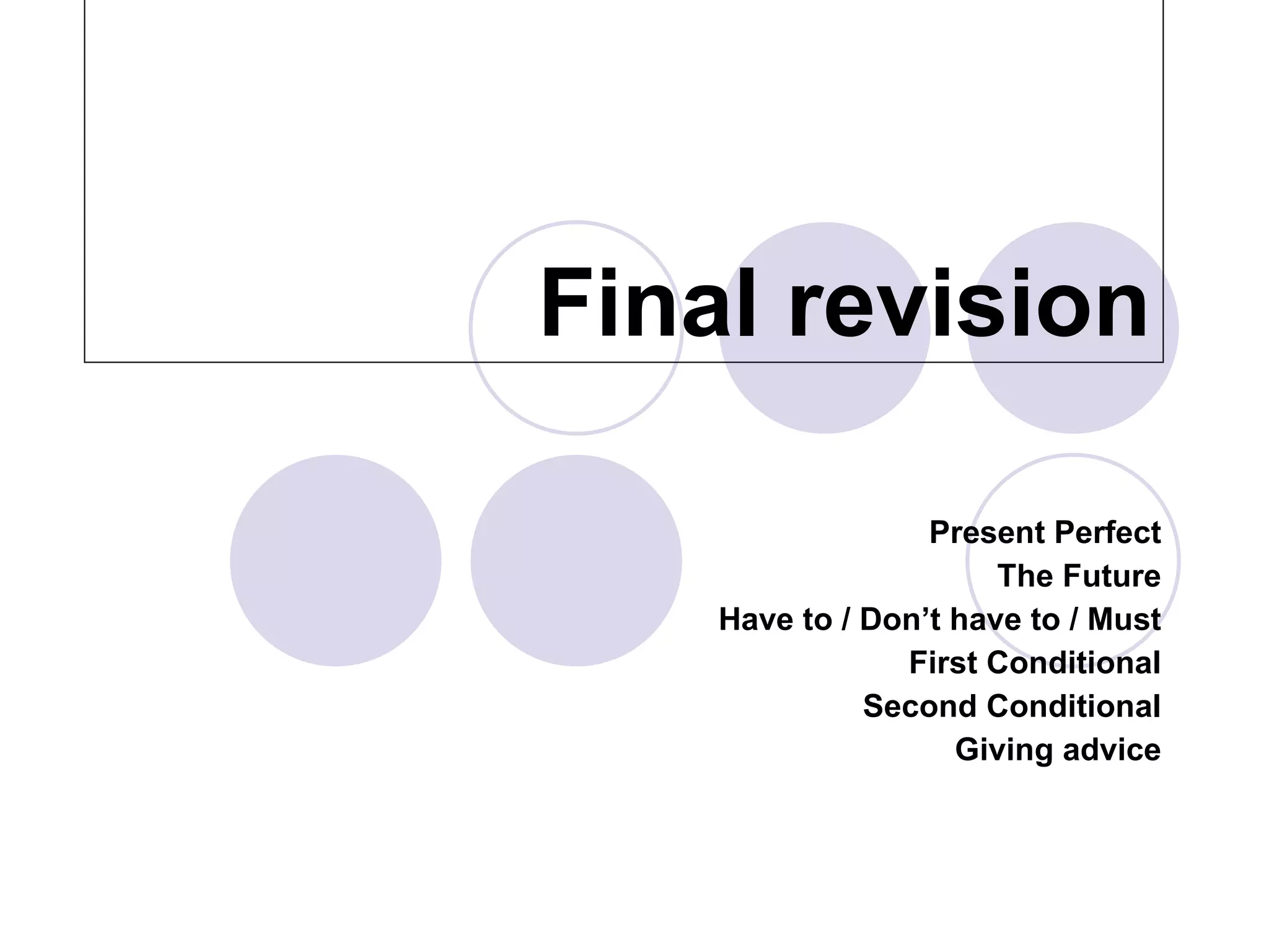 Final revision Present Perfect The Future Have to / Don’t have to / Must First Conditional Second Conditional Giving advice 