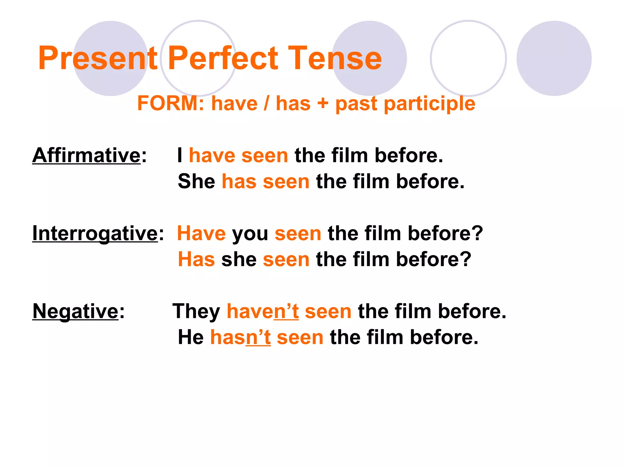 Present Perfect Tense FORM: have / has + past participle Affirmative :   I  have seen  the film before. She  has seen  the film before. Interrogative :   Have  you  seen  the film before? Has  she  seen  the film before? Negative :  They  have n’t  seen  the film before. He  has n’t  seen  the film before. 