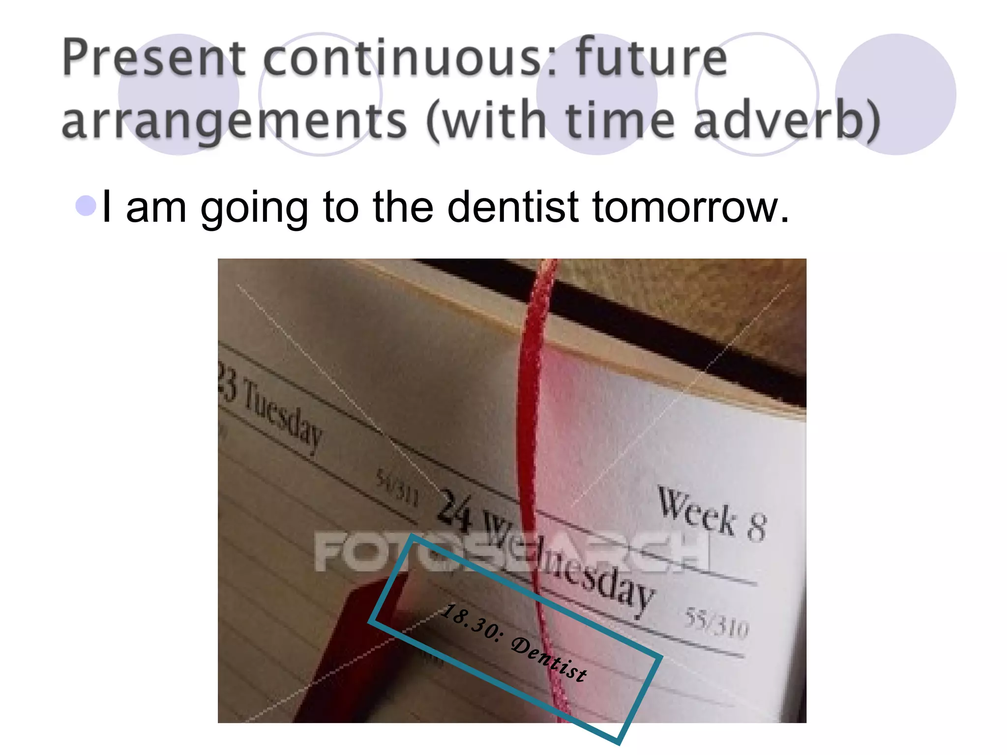 I am going to the dentist tomorrow. 18.30: Dentist 