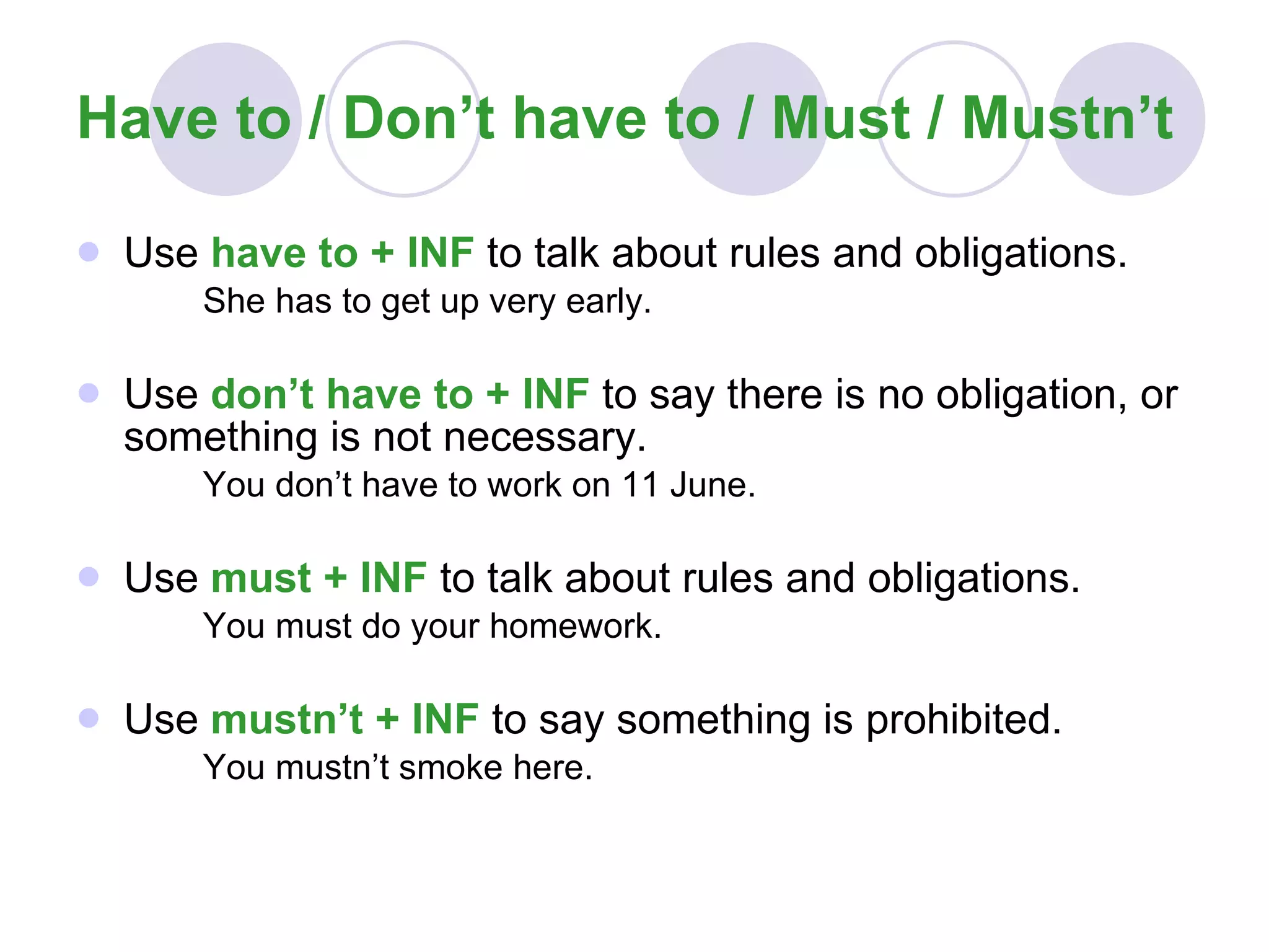 Have to / Don’t have to / Must / Mustn’t Use  have to + INF  to talk about rules and obligations. She has to get up very early. Use  don’t have to + INF  to say there is no obligation, or something is not necessary. You don’t have to work on 11 June. Use  must + INF  to talk about rules and obligations. You must do your homework. Use  mustn’t + INF  to say something is prohibited. You mustn’t smoke here. 