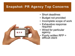 Snapshot: PR Agency Top Concerns <ul><li>Short deadlines </li></ul><ul><li>Budget not provided </li></ul><ul><li>Incomplet...