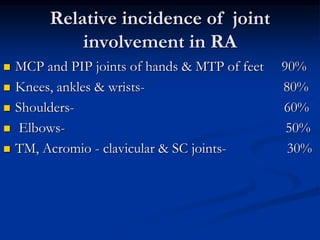 Relative incidence of joint
involvement in RA
 MCP and PIP joints of hands & MTP of feet 90%
 Knees, ankles & wrists- 80%
 Shoulders- 60%
 Elbows- 50%
 TM, Acromio - clavicular & SC joints- 30%
 