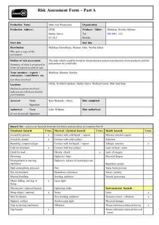 Risk Assessment Form – Part A
Production Name: Dark Arts Production Organisation
Production Address: CFGS
Harley Grove
E3 2AT
Producer / Editor
Tel:
Mobile:
Mahfuza, Noshin, Mariam
020 8981 1131
Start date End date
Distribution
Who gets a copy of the
assessment
Mahfuza Chowdhury, Mariam Alim, Noshin Jahan
Outline of risk assessment
Summary of what is proposed in
terms of sequencesand set ups.
The risks which could be found in the production and post production of our products,and the
precautions we could take.
Team members / experts /
contractors / contributors etc.
List those involved
Mahfuza, Mariam, Noshin
Locations
Outline locationsinvolved –
indicate any which are hostile
environments
CFGS, B Albert Gardens, Harley Grove Medical Centre, Mile End Park.
Assessor Name
Signature
Kate Richards – Gross Date completed
Authoriser Name
(if not Assessor) Signature
Luke Williams Date authorised
Hazard list – select your hazards from the list below and use these to complete Part B
Situational hazards Cross Physical / chemical hazards Cross Health hazards Cross
Assault by person x Contact with cold liquid / vapour Disease causative agent
Attack by animal x Contact with cold surface Infection
Breathing compressed gas Contact with hot liquid / vapour Allergic reaction x
Cold environment x Contact with hot surface Lack of food / water
Crush by load Electric shock x Lack of oxygen
Drowning Explosive blast Physical fatigue
Entanglement in moving
machinery
Explosive release of stored pressure
Repetitive action
High atmospheric pressure Fire Static body posture
Hot environment Hazardous substance Stress / anxiety
Manual handling Ionizing radiation Venom poisoning
Object falling, moving or
flying
x Laser light
Obstruction / exposed feature Lightning strike Environmental hazards
Sharp object / material x Noise Litter x
Shot by firearm Non-ionizing radiation Nuisance noise / vibration x
Slippery surface Stroboscopic light Physical damage
Trap in moving machinery Vibration Waste substance released into air x
Trip hazard x Waste substance released into soil
/ water
 