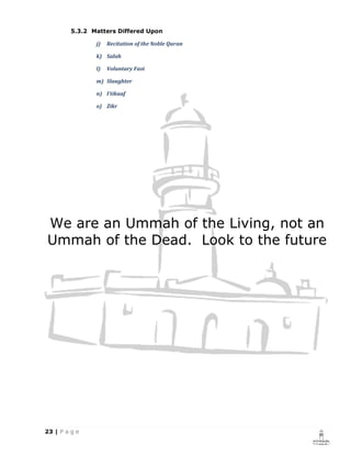 5.3.2 Matters Differed Upon

          j)   Recitation of the Noble Quran

          k) Salah

          l)   Voluntary Fast

          m) Slaughter

          n) I’tikaaf

          o) Zikr




We are an Ummah of the Living, not an
Ummah of the Dead. Look to the future
 