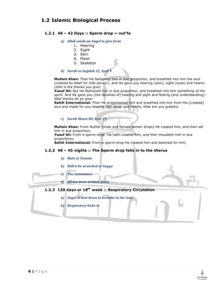 1.2 Islamic Biological Process

 1.2.1 40 – 42 Days :: Sperm drop ~ nut’fa

         a) Allah sends an Angel to give form
                1. Hearing
                2. Sight
                3. Skin
                4. Flesh
                5. Skeleton

         b) Surah as-Sajjdah 32, Ayat 9

     Muhsin Khan: Then He fashioned him in due proportion, and breathed into him the soul
     (created by Allah for that person), and He gave you hearing (ears), sight (eyes) and hearts.
     Little is the thanks you give!
     Yusuf Ali: But He fashioned him in due proportion, and breathed into him something of His
     spirit. And He gave you (the faculties of) hearing and sight and feeling (and understanding):
     little thanks do ye give!
     Sahih International: Then He proportioned him and breathed into him from His [created]
     soul and made for you hearing and vision and hearts; little are you grateful.


         c) Surah Abasa 80, Ayat 19

     Muhsin Khan: From Nutfah (male and female semen drops) He created him, and then set
     him in due proportion;
     Yusuf Ali: From a sperm-drop: He hath created him, and then mouldeth him in due
     proportions;
     Sahih International: From a sperm-drop He created him and destined for him;

 1.2.2 40 – 45 nights :: The Sperm drop falls in to the Uterus

         a) Male or Female

         b) Will it be wretched or happy

         c) The sustenance

         d) All has been written down

 1.2.3 120 days or 18th week :: Respiratory Circulation

         a) Angel is sent down to breathe in the Soul

         b) Respiratory kicks in
 