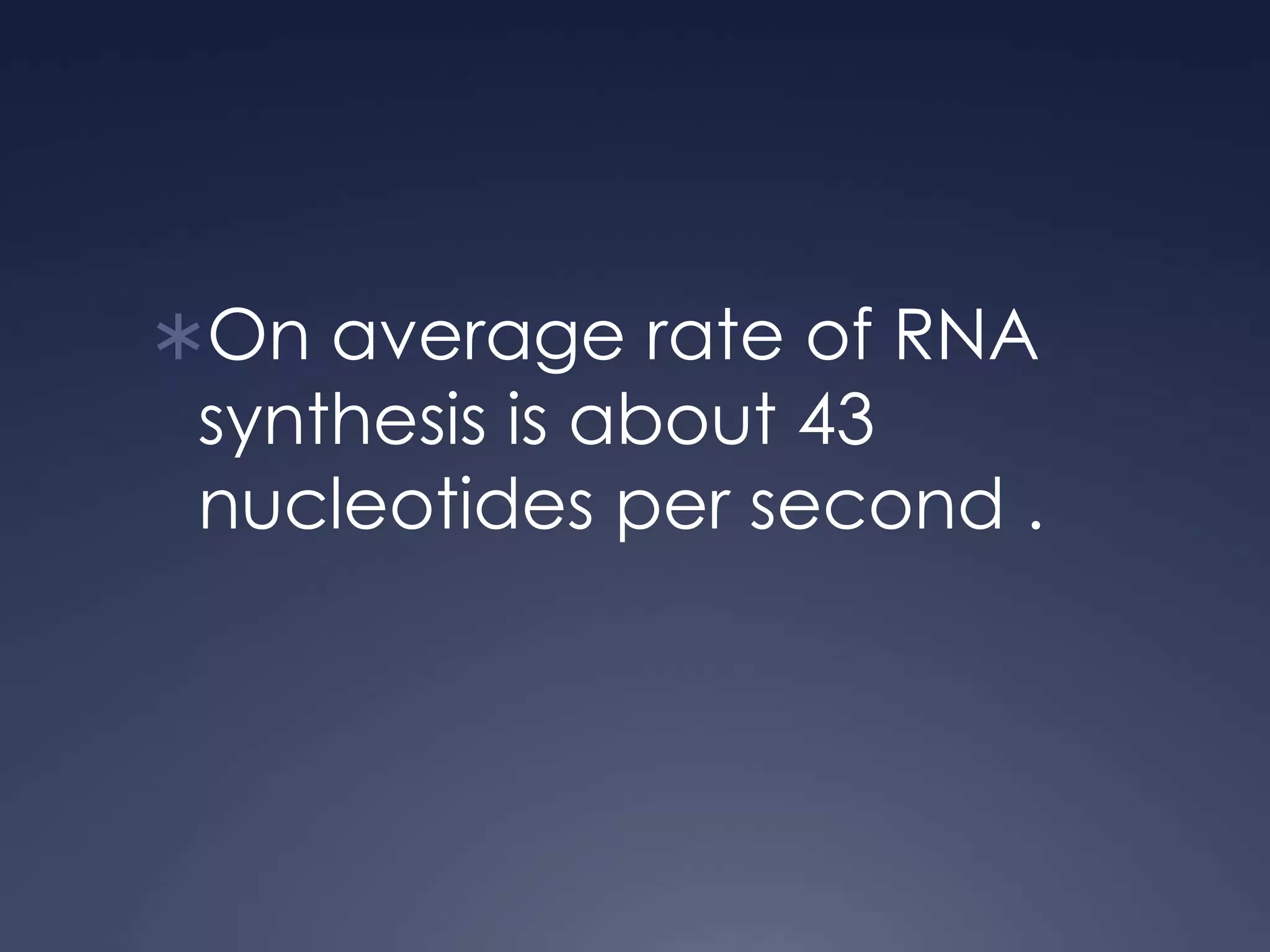 On average rate of RNA
synthesis is about 43
nucleotides per second .
 