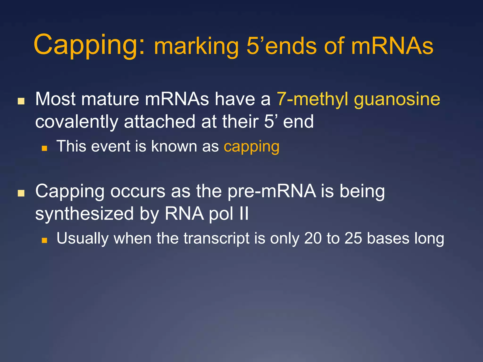  Most mature mRNAs have a 7-methyl guanosine
covalently attached at their 5’ end
 This event is known as capping
 Capping occurs as the pre-mRNA is being
synthesized by RNA pol II
 Usually when the transcript is only 20 to 25 bases long
Capping: marking 5’ends of mRNAs
 