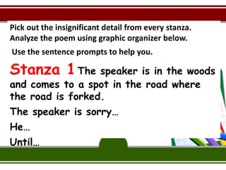 Pick out the insignificant detail from every stanza.
Analyze the poem using graphic organizer below.
Use the sentence prompts to help you.
Stanza 1The speaker is in the woods
and comes to a spot in the road where
the road is forked.
The speaker is sorry…
He…
Until…
 