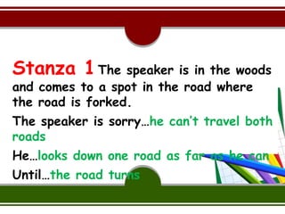 Stanza 1The speaker is in the woods
and comes to a spot in the road where
the road is forked.
The speaker is sorry…he can’t travel both
roads
He…looks down one road as far as he can
Until…the road turns
 