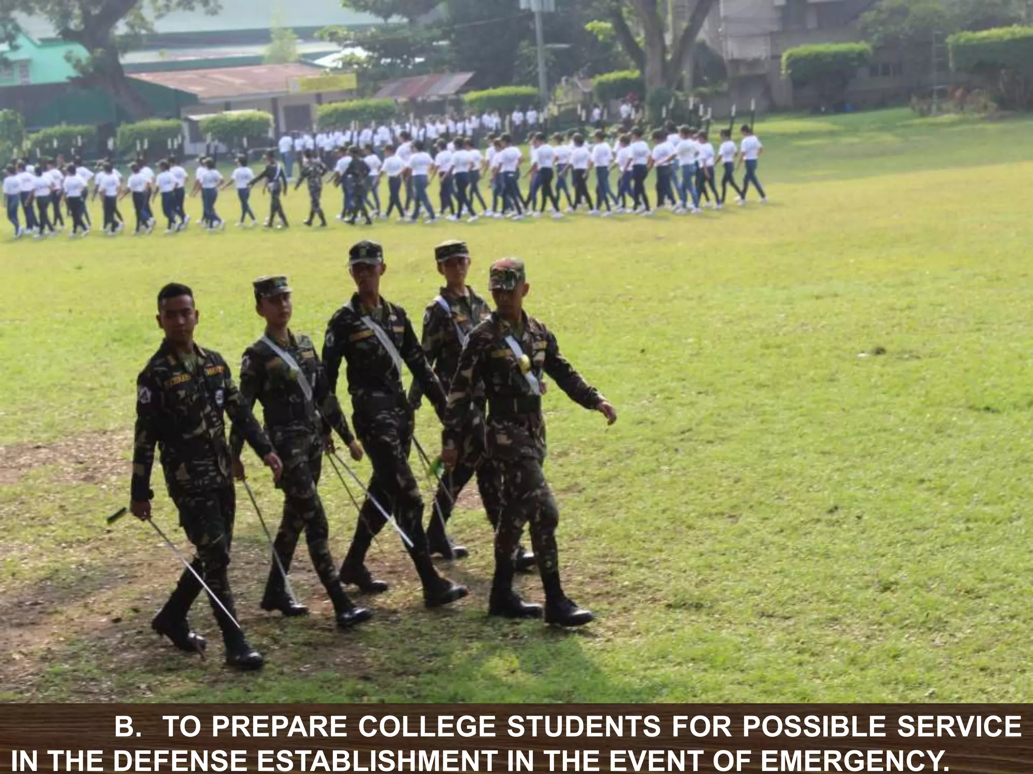 B. TO PREPARE COLLEGE STUDENTS FOR POSSIBLE SERVICE
IN THE DEFENSE ESTABLISHMENT IN THE EVENT OF EMERGENCY.
 