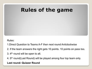 Rules:
1.Direct Question to Teams A-F then next round Anticlockwise
2. If the team answers the right gets 10 points. 10 points on pass too.
3. 4th round will be open to all.
4. 5th round(Last Round) will be played among four top team only.
Last round- Quizzer Round
Rules of the game
 