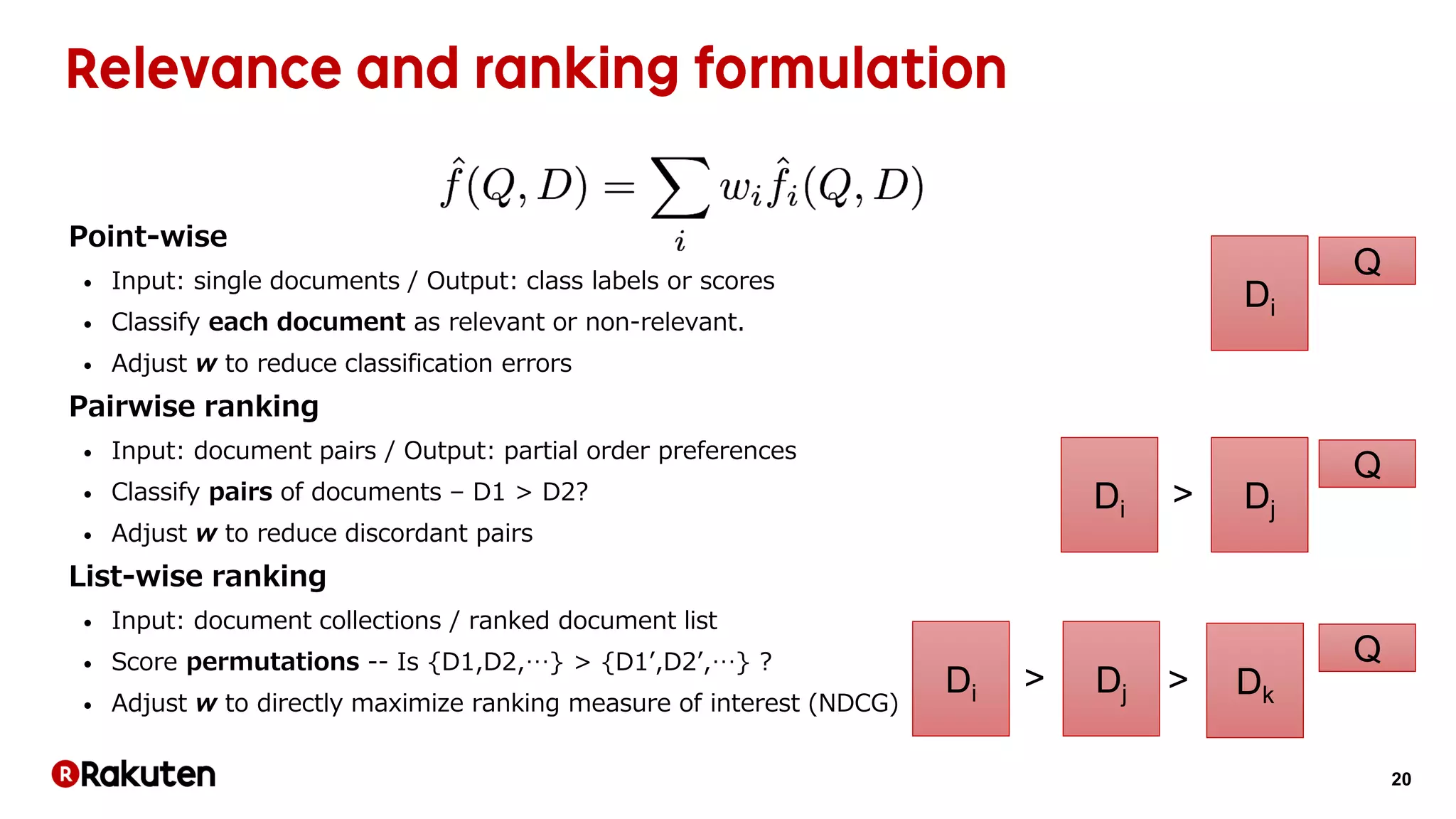 20
Point-wise
• Input: single documents / Output: class labels or scores
• Classify each document as relevant or non-relevant.
• Adjust w to reduce classification errors
Pairwise ranking
• Input: document pairs / Output: partial order preferences
• Classify pairs of documents – D1 > D2?
• Adjust w to reduce discordant pairs
List-wise ranking
• Input: document collections / ranked document list
• Score permutations -- Is {D1,D2,…} > {D1’,D2’,…} ?
• Adjust w to directly maximize ranking measure of interest (NDCG)
Di
Q
Q
DjDi >
Q
DjDi > Dk>
 