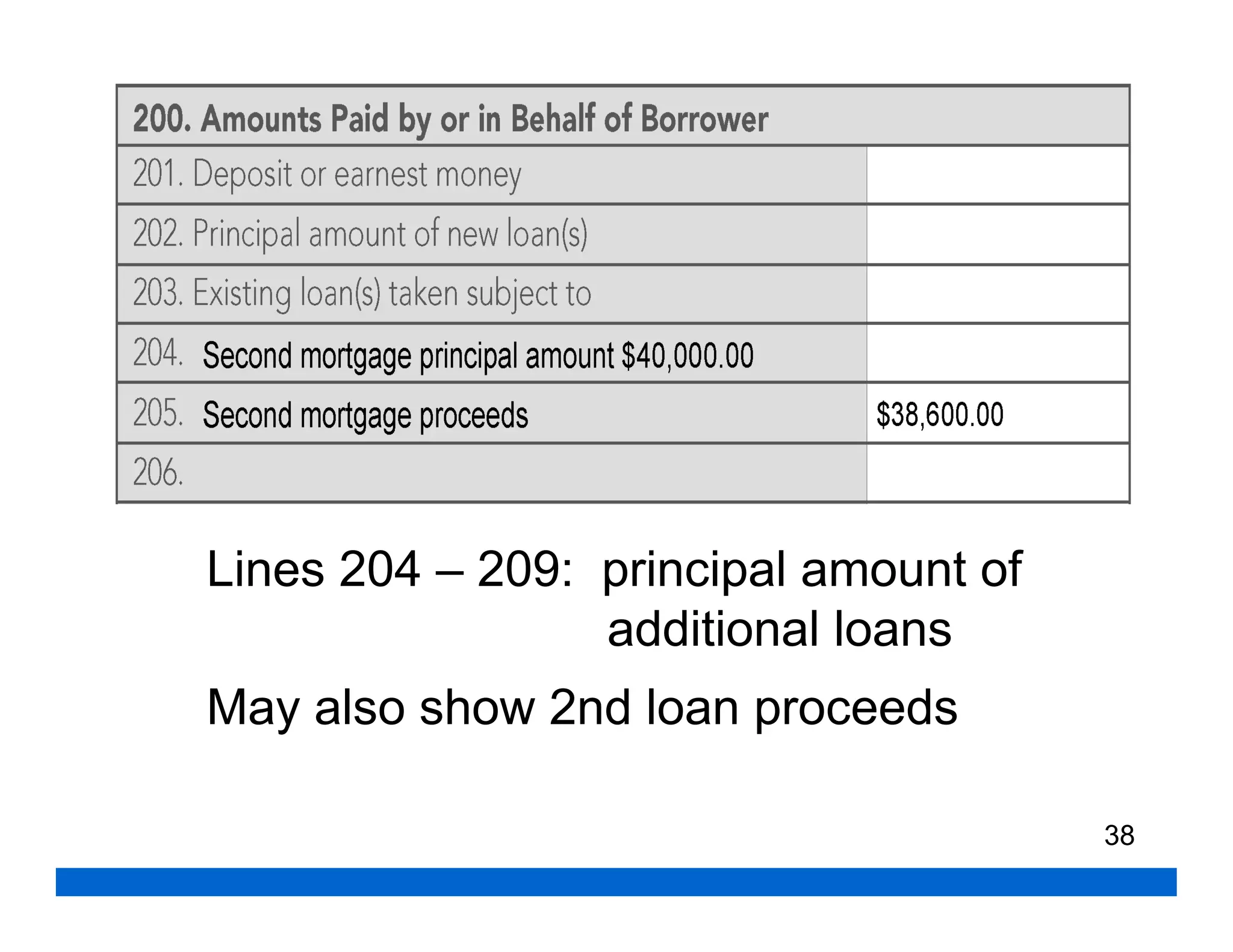 Lines 204 – 209: principal amount of
                 additional loans
May also show 2nd loan proceeds

                                       38
 