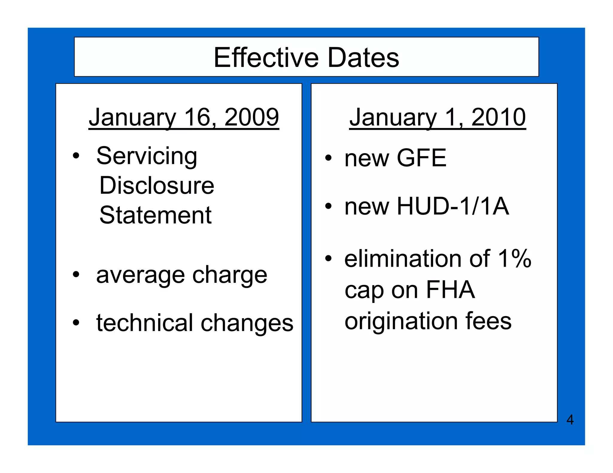 Effective Dates

 January 16, 2009       January 1, 2010
• Servicing           • new GFE
  Disclosure
  Statement           • new HUD-1/1A

                      • elimination of 1%
• average charge
                        cap on FHA
• technical changes     origination fees


                                            4
 