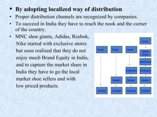  By adopting localized way of distribution
• Proper distribution channels are recognized by companies.
• To succeed in India they have to reach the nook and the corner
of the country.
• MNC shoe giants, Adidas, Reebok,
Nike started with exclusive stores
but soon realized that they do not
enjoy much Brand Equity in India,
and to capture the market share in
India they have to go the local
market shoe sellers and with
low priced products.
 