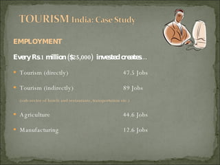 EMPLOYMENT   Every Rs.1 million ($25,000)  invested creates…  Tourism (directly) 47.5 Jobs Tourism (indirectly) 89 Jobs (sub-sector of hotels and restaurants, transportation etc.) Agriculture  44.6 Jobs Manufacturing 12.6 Jobs 